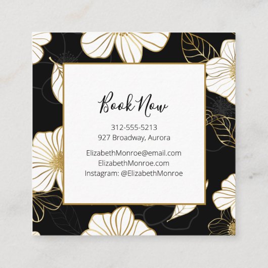 White Gold Blume auf Black Salon Haar Stylist Quadratische Visitenkarte (Rückseite)