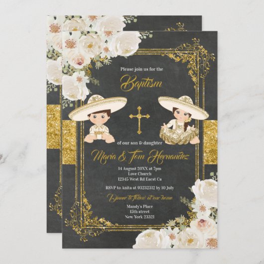 White Gold Blume Mexikanische Taufe Fiesta Twin Einladung (Vorne/Hinten)