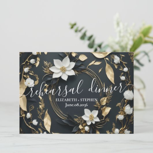 White Gold Blumenwettbewerb Hochzeit Probe Dinner Einladung (Stehend Vorderseite)