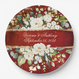 White Gold Botanical Floral Rustic Red Wedding Pappteller