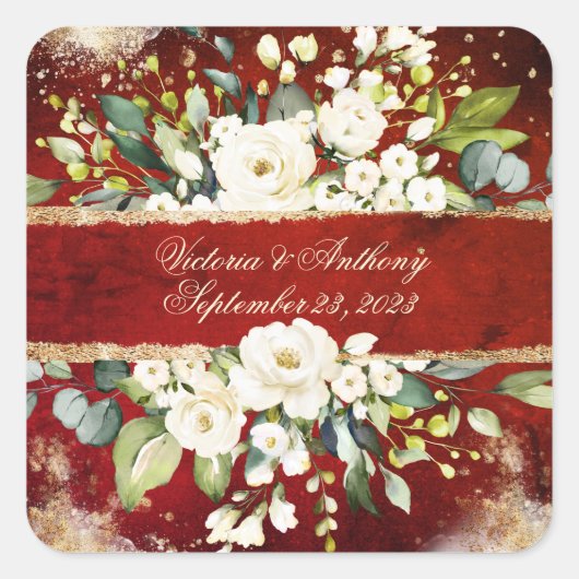 White Gold Botanical Floral Rustic Red Wedding Quadratischer Aufkleber (Vorderseite)