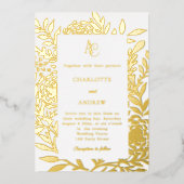White gold botanical monogram luxury wedding folieneinladung (Vorderseite)