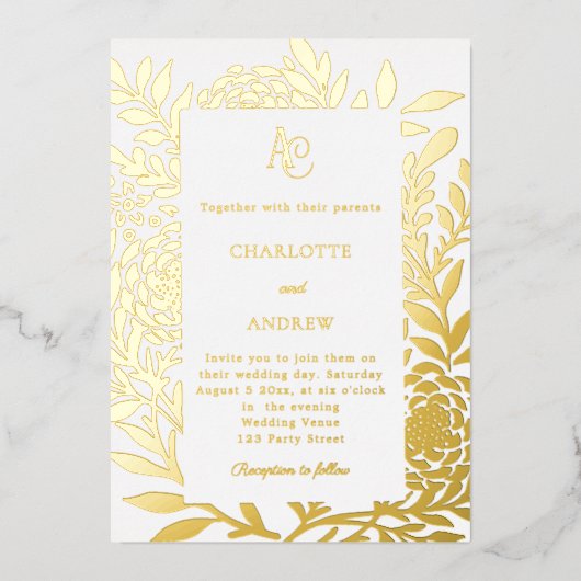 White gold botanical monogram luxury wedding folieneinladung (Vorderseite)