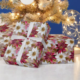 White Gold Burgundy Pink Christmas Poinsettias Geschenkpapier