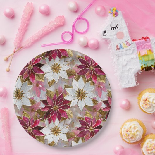 White Gold Burgundy Pink Christmas Poinsettias Pappteller (Party)