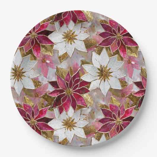White Gold Burgundy Pink Christmas Poinsettias Pappteller (Vorderseite)
