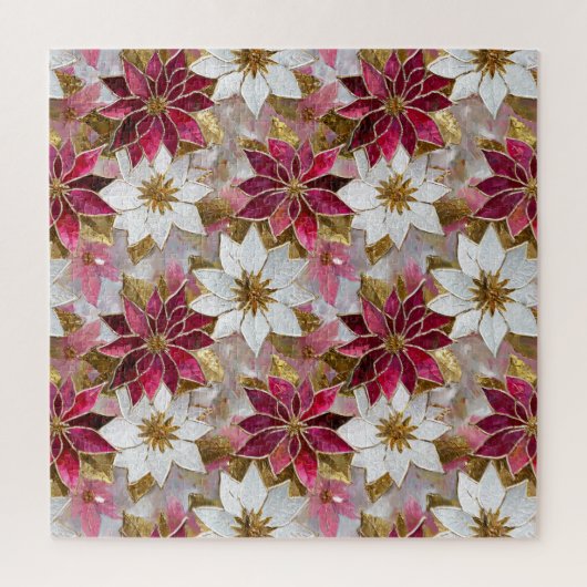 White Gold Burgundy Pink Christmas Poinsettias Puzzle (Vertikal)