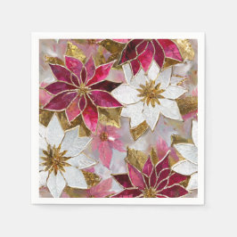 White Gold Burgundy Pink Christmas Poinsettias Serviette