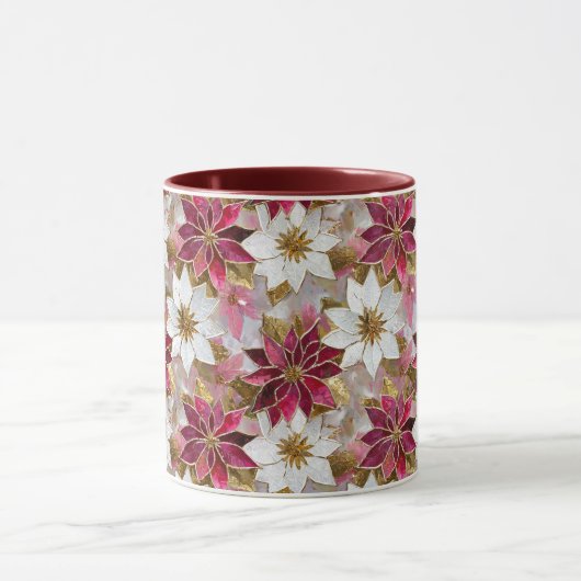 White Gold Burgundy Pink Christmas Poinsettias Tasse (Zentrum)