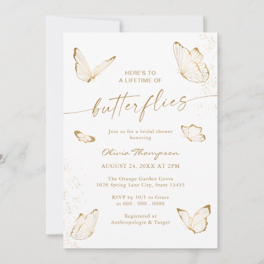 White Gold Butterfly Bridal Dusche Einladung (Vorderseite)