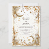 White Gold Celestial Moon & Stars Wedding Einladung (Vorderseite)