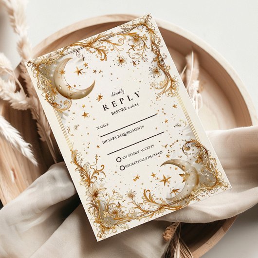 White Gold Celestial Moon & Stars Wedding RSVP Karte