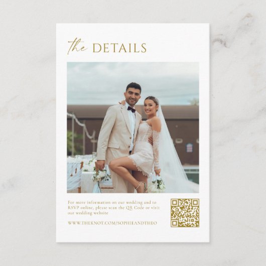 White Gold Champagne Foto Hochzeitsdetails Qr Code Begleitkarte (Vorderseite)