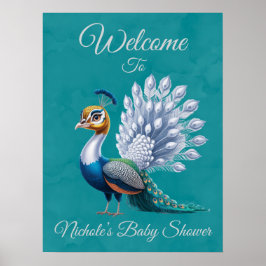 White Gold Colorful Peacock Baby Dusche Willkommen Poster