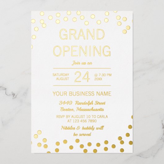 White & Gold Confetti Business Grand Opening Folieneinladung (Vorderseite)