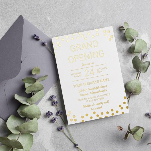 White & Gold Confetti Business Grand Opening Folieneinladung