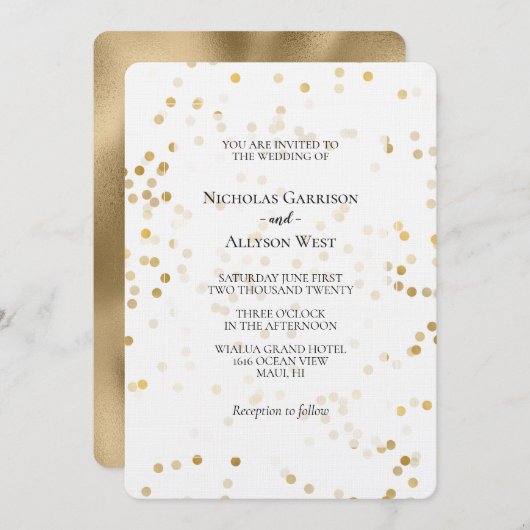 White Gold Confetti Dots Hochzeit Einladung (Vorne/Hinten)