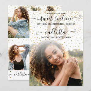 White Gold Confetti Foto Collage Sweet 16 Einladung