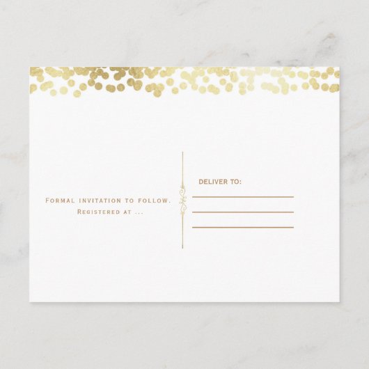 White & Gold Confetti-Foto Hochzeit Sichern Sie da Ankündigungspostkarte (Rückseite)