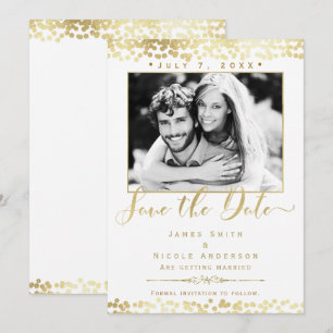 White & Gold Confetti-Foto Hochzeit Sichern Sie da Einladung