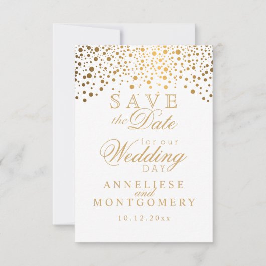 White & Gold Confetti & Glitzer Save the Date (Vorderseite)