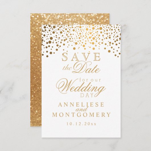 White & Gold Confetti & Glitzer Save the Date (Vorne/Hinten)