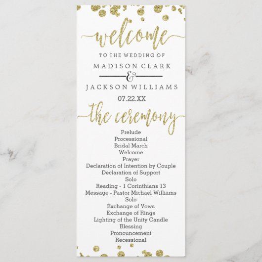White & Gold Confetti Hochzeitsprogramm Programm (Vorderseite)