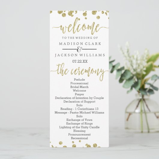 White & Gold Confetti Hochzeitsprogramm Programm (Stehend Vorderseite)