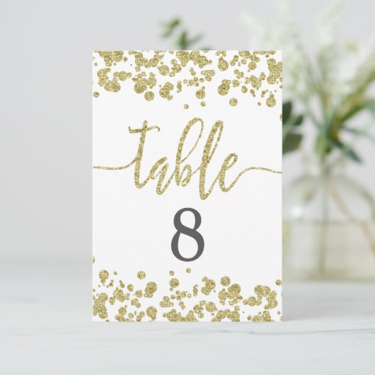 White & Gold Confetti Tischnummer Seekarte (Stehend Vorderseite)