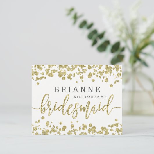 White & Gold Confetti wird meine Bridesmaid sein Einladung (Stehend Vorderseite)