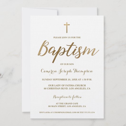 White Gold Cross Custom Baby Boy Taufe Einladung (Vorderseite)