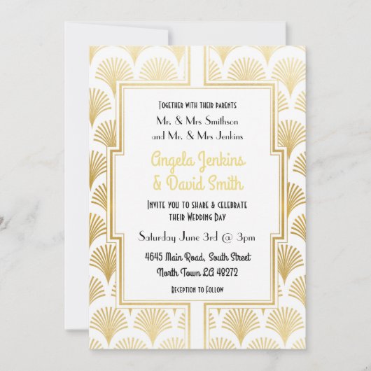 White & Gold Déco Fan Fan Hochzeit der 20er Jahre Einladung (Vorderseite)