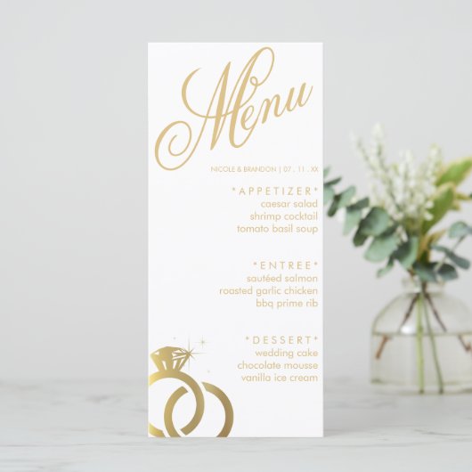 White & Gold Diamond Ring Hochzeitsempfang Menükarte (Stehend Vorderseite)