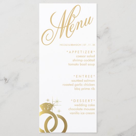 White & Gold Diamond Ring Hochzeitsempfang Menükarte (Vorderseite)