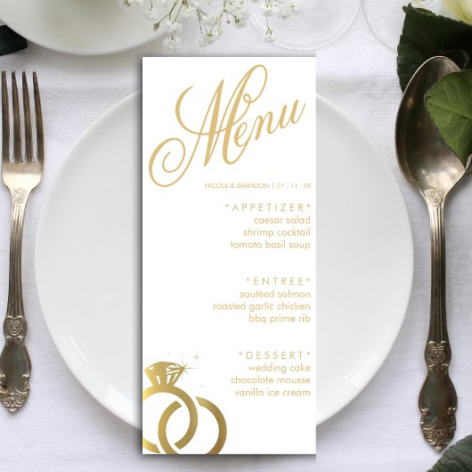 White & Gold Diamond Ring Hochzeitsempfang Menükarte