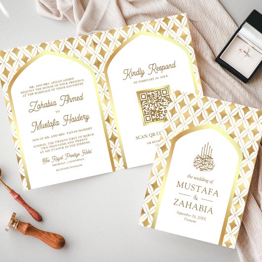 White Gold Diamonds Arch QR Code Muslime Hochzeit Einladung