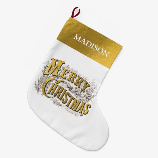 White Gold Elegant Frohe Weihnachten Rustikal Vint Großer Weihnachtsstrumpf (Vorderansicht (hängend))