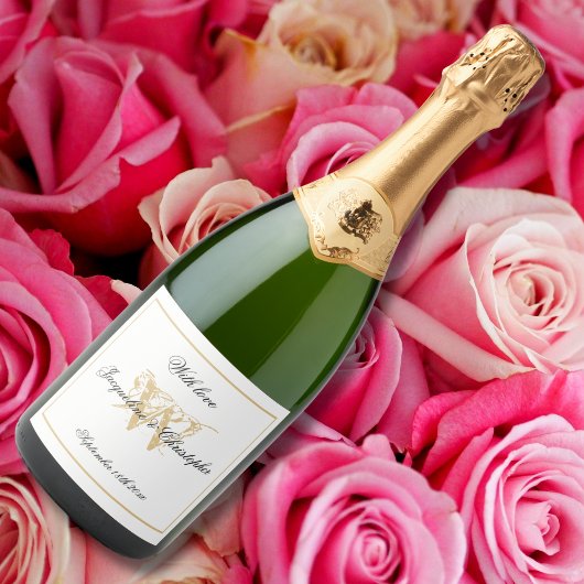 White & Gold Elegante Monogram Minimale Hochzeit Schaumweinetikett