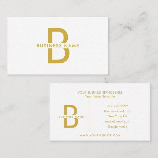 White & Gold elegante Monogram Moderne Beruflich Visitenkarte (Vorne/Hinten)