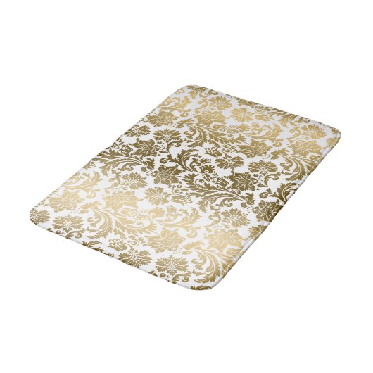White & Gold Floral Damasks Pattern Badematte (Schrägansicht)