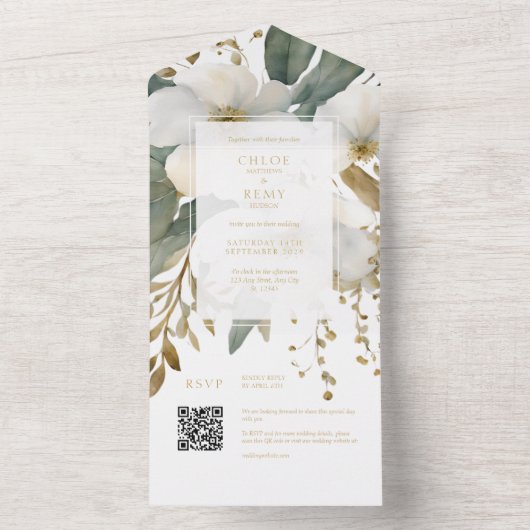 White & Gold Floral Foliage Wasserfarbenhochzeit All In One Einladung (Innen Boden)