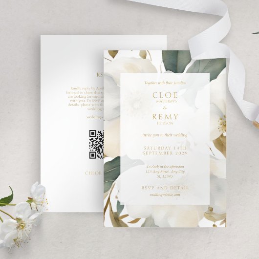 White & Gold Floral Foliage Wasserfarbenhochzeit Einladung