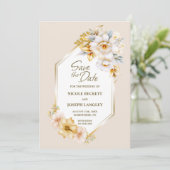 White Gold Floral Geometric Wedding Save the Date (Stehend Vorderseite)