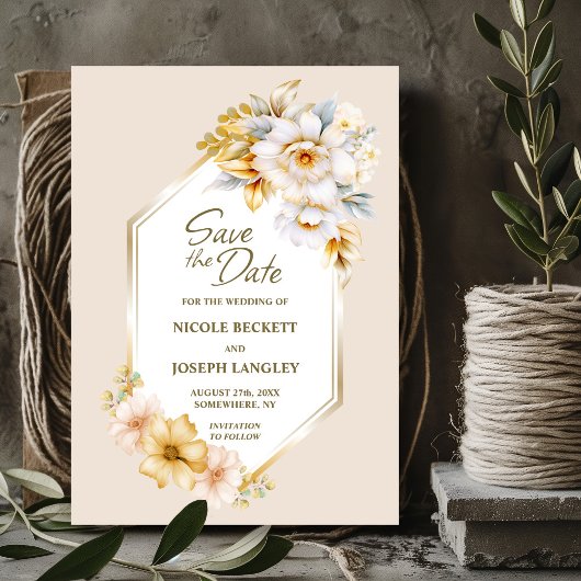 White Gold Floral Geometric Wedding Save the Date