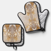 White Gold Floral Ofenhandschuh & Topflappen-Set (Vorderseite/Rückseite)