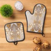 White Gold Floral Ofenhandschuh & Topflappen-Set (Oben Unten)