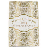 White & Gold Floral Paisley Lace Weihnachtsdesign Mittlere Geschenktüte (Vorderseite)