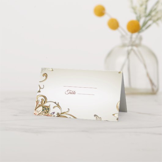 White Gold Floral Platzkarte (Vorderseite)