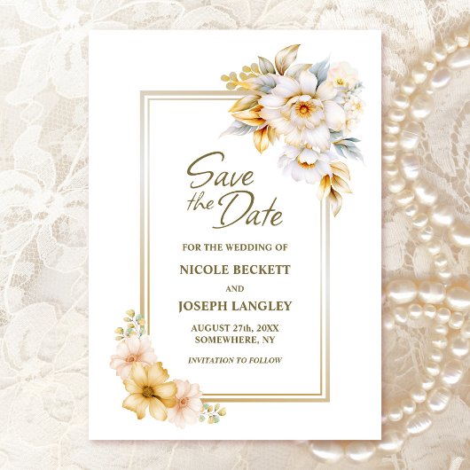 White Gold Floral Wedding Save the Date
