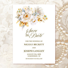 White Gold Floral Wedding Save the Date
